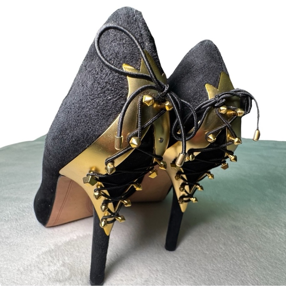 Vintage 90s Designer Black Suede Stiletto Pumps w Spiked Lace-Up Corset Details